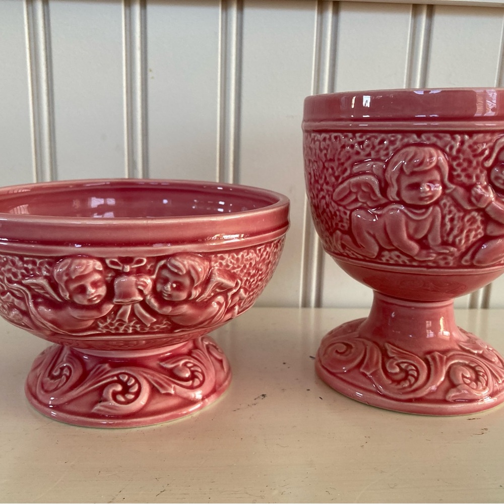 Vintage Pink Cherub Small Ceramic Bowl and Goblet Set by Woodpecker Products